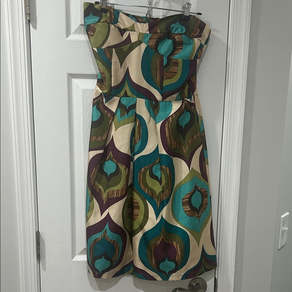 Velvet Torch Strapless Dress with Green and Brown Pattern